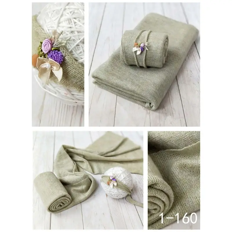 2Pcs/Set Newborn Photography Props Elastic Baby Wraps Linen Blanket with Hat Infant Toddlers Photo Shooting Accessories 5 Colors