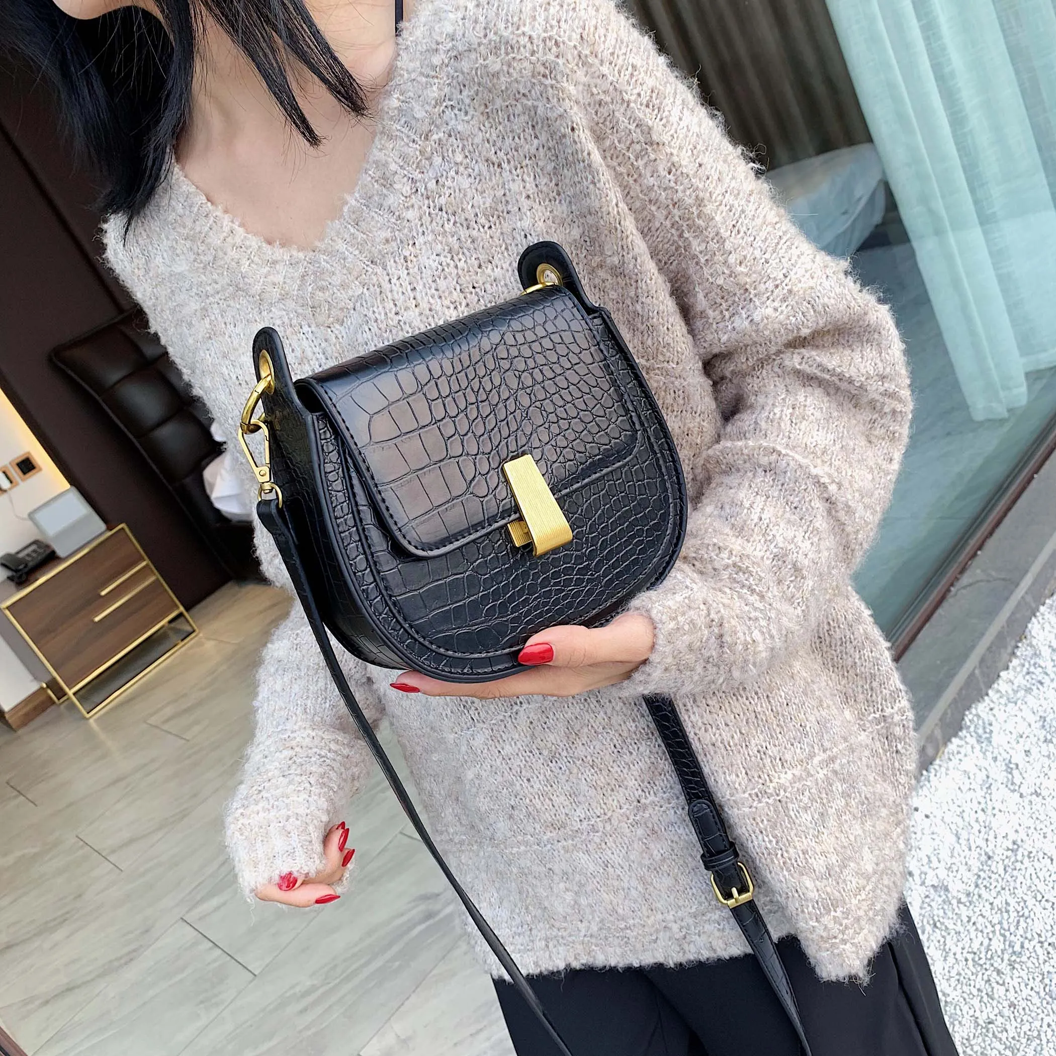  Stone Pattern Pu Leather Saddle Bags For Women 2019 Mini Crossbody Messenger Bag Female Travel Hand - 4000377636212