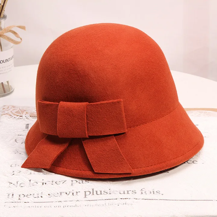 01912-baoliu-bowknot элегантный стиль шерсть леди ужин ведро шляпа Женская официальная Кепка - Цвет: Оранжевый