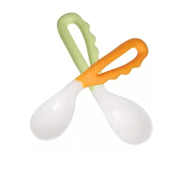 

2Pcs Infant Baby Safe Spoon Solid Feeding Pacifier Bending Spoon Curved Training Eating Utensils (Set of 2 Orange and green)