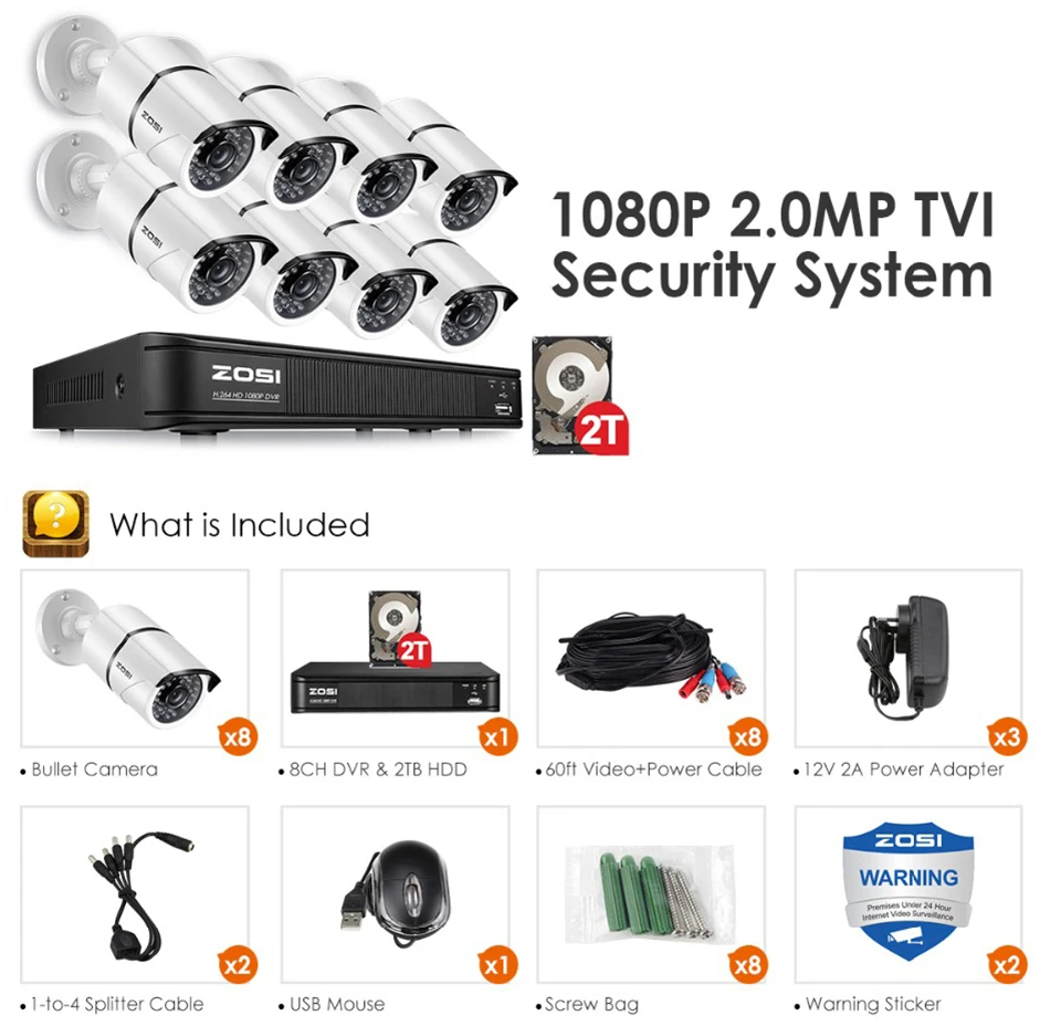 ZOSI камера безопасности 8ch система видеонаблюдения DVR DIY Kit 8x1080 P Камера Безопасности 2.0mp камера система видеонаблюдения 2 ТБ HDD