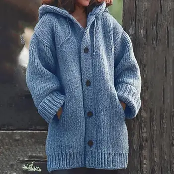 

Warm Womens Sweaters Cardigans Winter Solid Color Pockets Button Hooded Sweaters Knitted Cardigan Femme Streetwear Outwear Coat