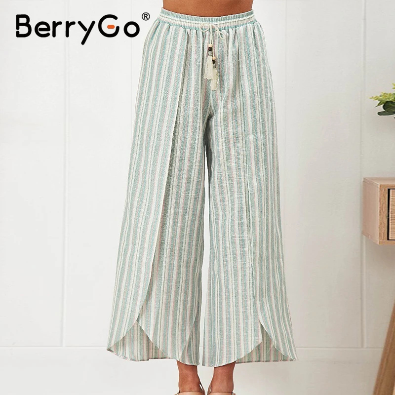 BerryGo, хлопковые, льняные, широкие брюки, женские, для отдыха, пляжные, с кисточками, повседневные штаны, женские, эластичные, с высокой талией, брюки, летние