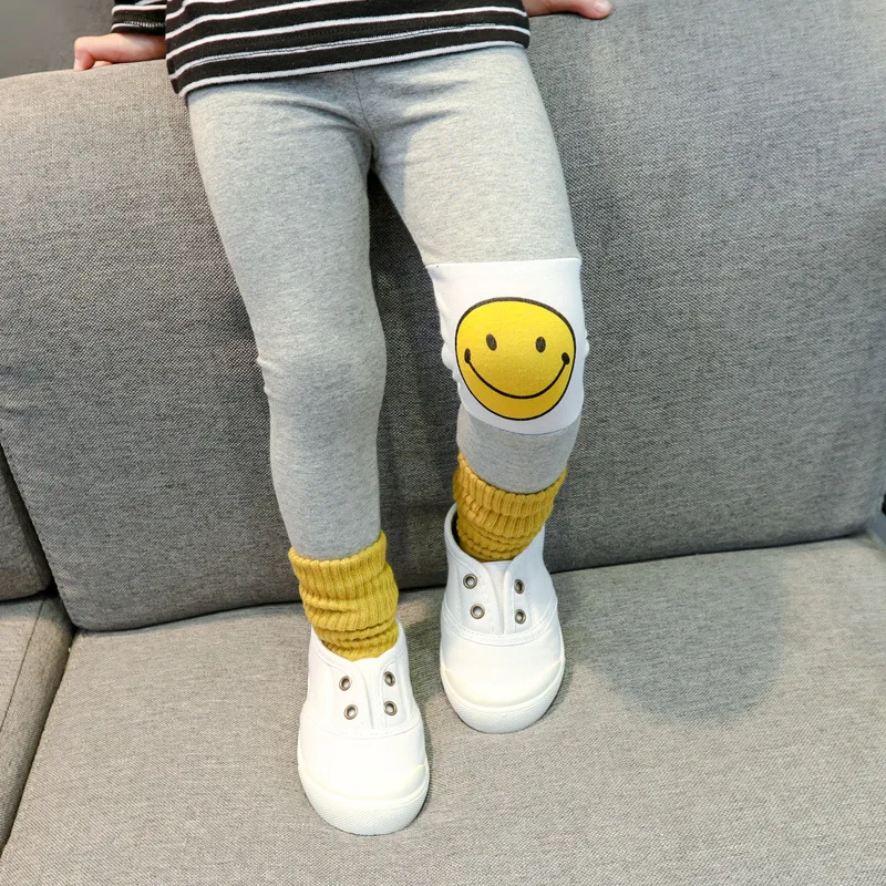 

Small Children's Girls Leggings Spring Toddler Patchwork Smiling Faces Skinny Baby Pants Fashion Cotton Kids Trousers 1-7 Years