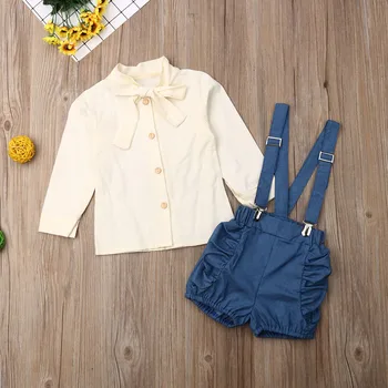 

Autumn Long Sleeve Bowknot Tie Tops Blouse Strap Bib Shorts Outfits Clothing 2PCs 2019 Toddler Infant Baby Girl Clothes Set