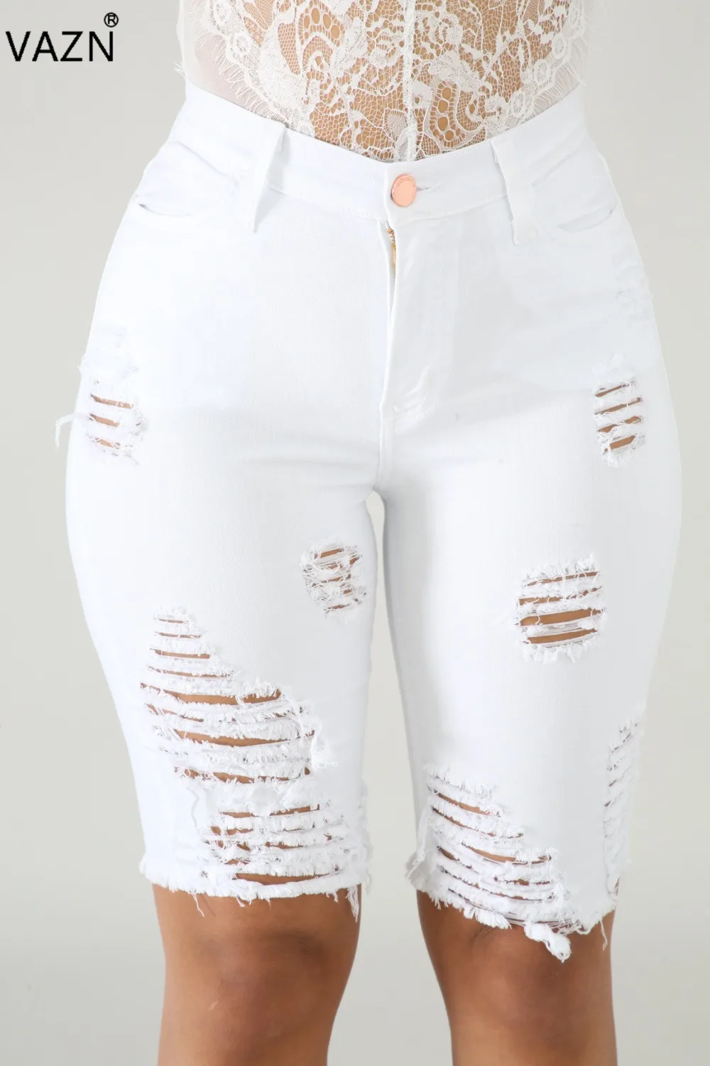 VAZN SM3261, новинка, летние сексуальные женские джинсы средней длины, 4 цвета, рваные джинсы-скинни с пуговицами, сексуальные модные джинсы со средней талией для девочек