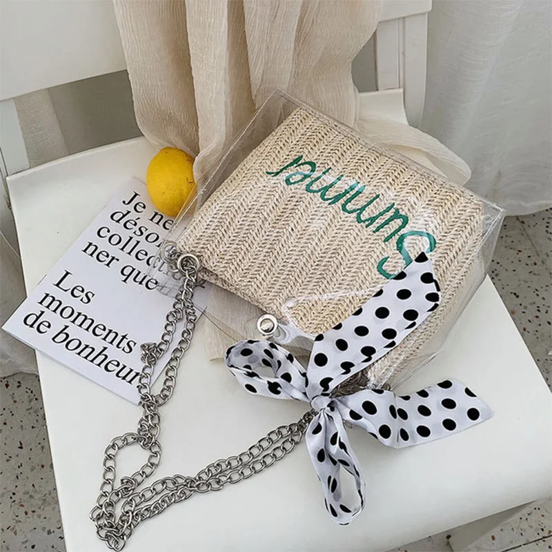 

New chain single shoulder straddle bag fashionable transparent straw knitted handbag bow mobile phone ID composite bag