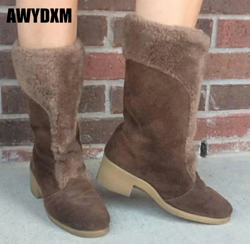 

Women boots Winter plush warm snow Mid-Calf boots ladies Fashion long Boots Square heel casual Woman shoes Botas de mujer w042