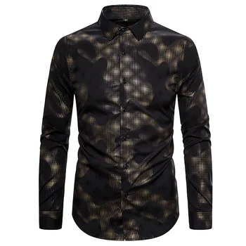 

Men's Casual Floral Shirt Personality Bronzing Print Blouse Male Fashion Slim Casual Shirts Spring New Arrival Black