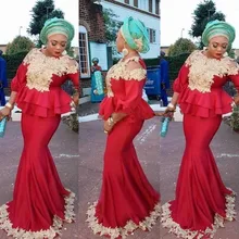 Aso Ebi vestidos de noche rojos africanos sirena negro chicas 3/4 mangas Peplum Prom vestidos oro apliques Formal vestidos de fiesta último(China)