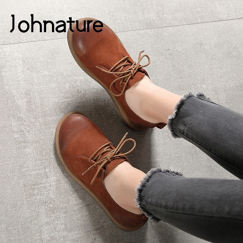 

Johnature Lace-up Flats Women Shoes Retro Genuine Leather 2020 New Spring Round Toe Handmade Shallow Casual Concise Ladies Shoes