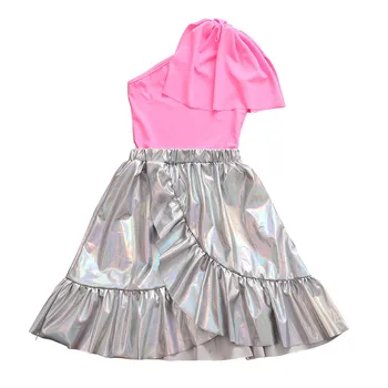 

Fashion Children Sets Baby Girls Summer Pure Color Oblique Collar Tops＋Irregular Ruffles Skirt Cotton Casual Sets ropa de niño