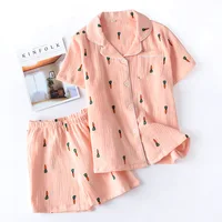 New ladies pajamas suit summer comfortable cotton gauze lapel pajamas suit women thin loose cartoon carrot printing home service - Image 3
