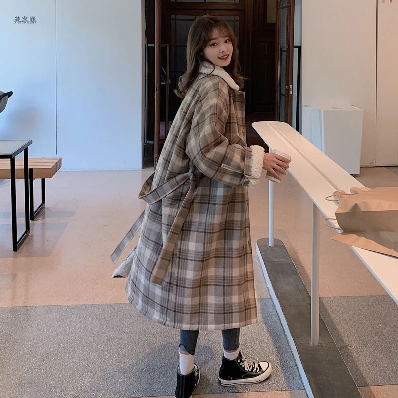 

Photo Shoot 2020 Winter New Style Plaid Lambs Wool Coat Women's Mid-length Woolen Joint Students Parka Cotton Coat