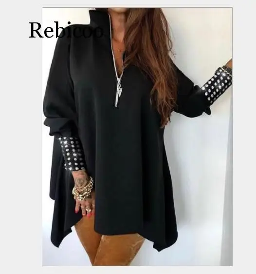 Women Sequins Patchwork Long Sleeve Blouse Winter Autumn Zipper Design Top - 4.00064E+12