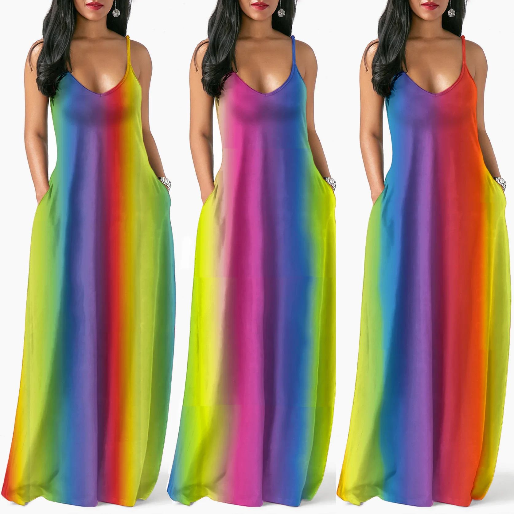 Boho, Радужный сарафан с принтом Tie Dye, спагетти ремень, v-образный вырез, карман, женские длинные платья, летние пляжные макси платья, вечерние платья