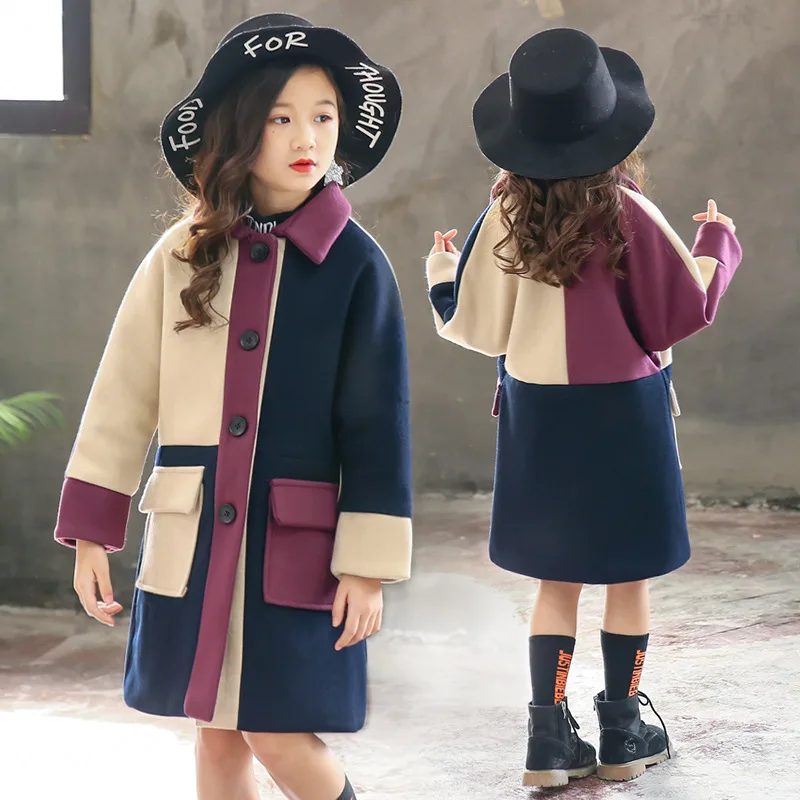 Коллекция года, осенне-зимние пальто для девочек, верхняя одежда теплая детская одежда модное шерстяное длинное пальто с воротником-стойкой для девочек - Цвет: Purple