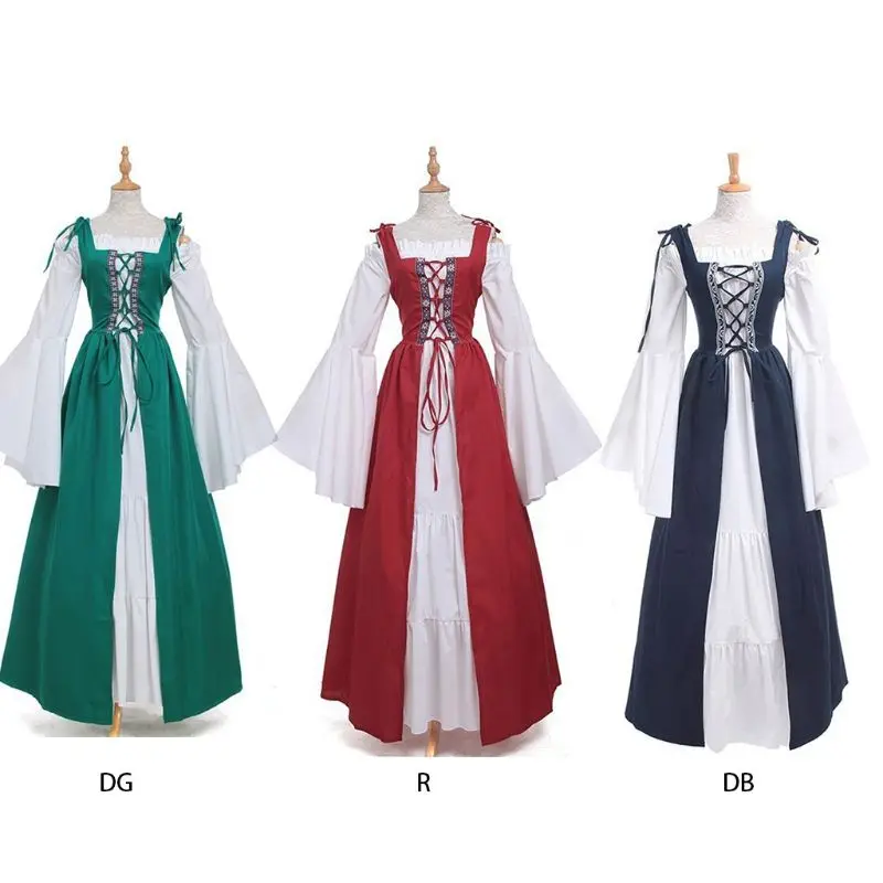 

Womens Long Flare Sleeves Renaissance Medieval Irish Over Dress Cream Chemise Set Ruffles Lace Up Drawstring Cosplay Costume