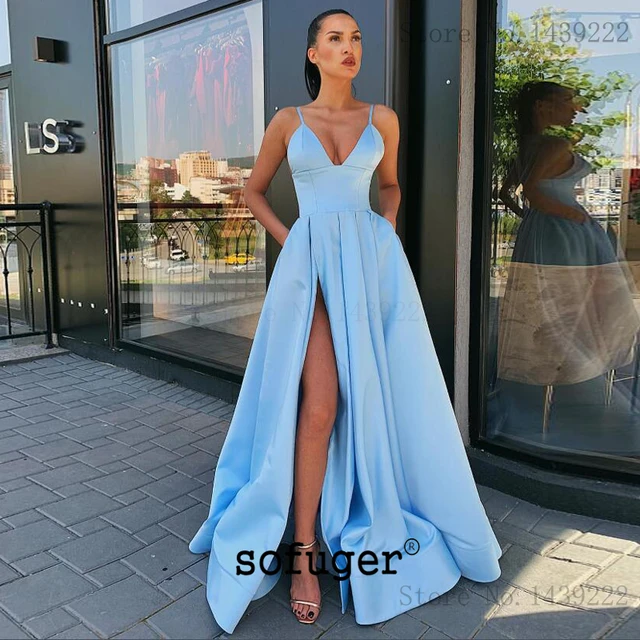 light blue satin long dress