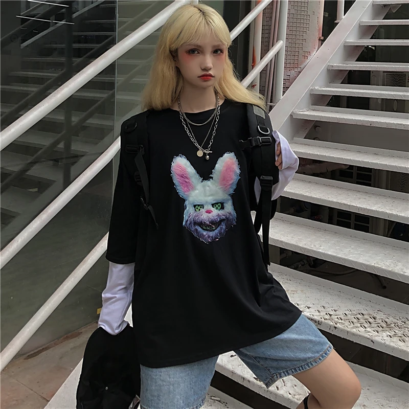 Lychee Harajuku, о-образный вырез, Лоскутная женская футболка, длинный рукав, Поддельные 2 штуки, осенние женские футболки, принт с темным Кроликом, женская футболка