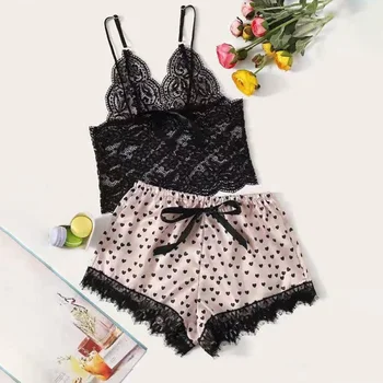 

Sexy Pajamas Set Women Panties Lingerie Dot Lace Patchwork Panel Camisole Sleeveless Home Sleepwear Sexy Mujer