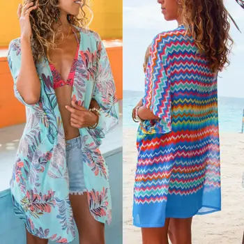 

Summer Print Sheer Beach Mini Dress Striped Chiffon Beach Cover up Print Bathing suit cover up Swimwear Women Kaftan Beachwear