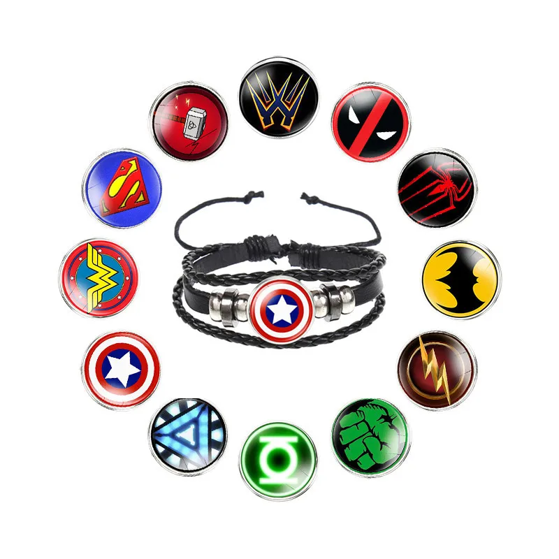Фигурки Marvel, кожаный браслет, 3D Рисунок, стекло, драгоценный камень, Подвески Игрушки, Капитан Америка, Дэдпул, супергерои, Мстители, подвеска