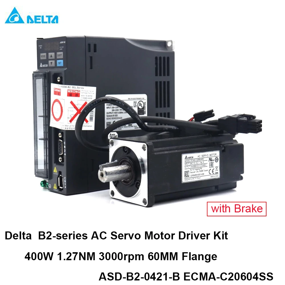 - Delta 400W AC Servo Motor with Brake 127NM 3000rpm 60MM ASDB20421B ECMAC20604SS Servo Driver Kit amp 3m Cable