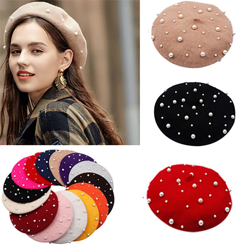 CN Winter Luxury Wool Pearl Beret Women French Solid Vintage Berets Caps For Women Girl Cashmere Female Warm Hats