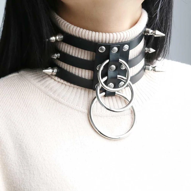 BDSM leather spiked collar and leash for men - choker o ring and removable  chain