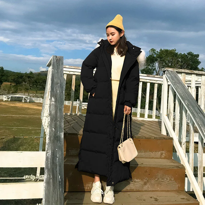 

Photo Shoot Black And White with Pattern Cotton Coat Women's Long 2019 Winter New Style Korean-style Loose-Fit Hooded Large Fur