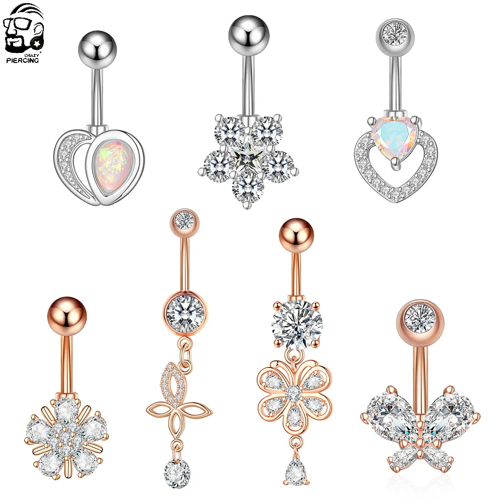 Belly button piercings heart flower butterfly 14g surgical steel crystal zircon