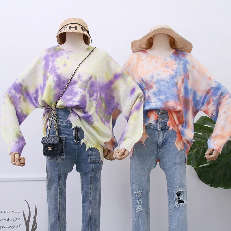 

SINGRAIN 2019 Women irregular Knitted Sweaters long sleeves O-Neck Stylish tie dyeing Warm Loose Size Casual Autumn Pullovers