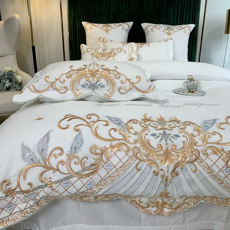 

Luxury Europe 60S Sanding Satin Egyptian Cotton Gold Fine Embroidery Bedding Set Duvet Cover Bed Sheet Pillowcases Home Textiles