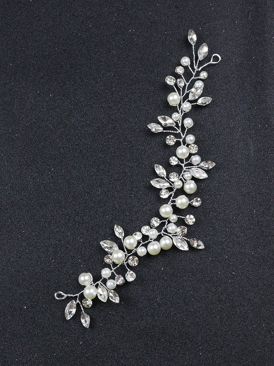 Shiny Silver Pearls Bridal Hair Accessories Rhinestones Women Headpieces Handmade Bride Headdress Weddings Headbands Hair Vine