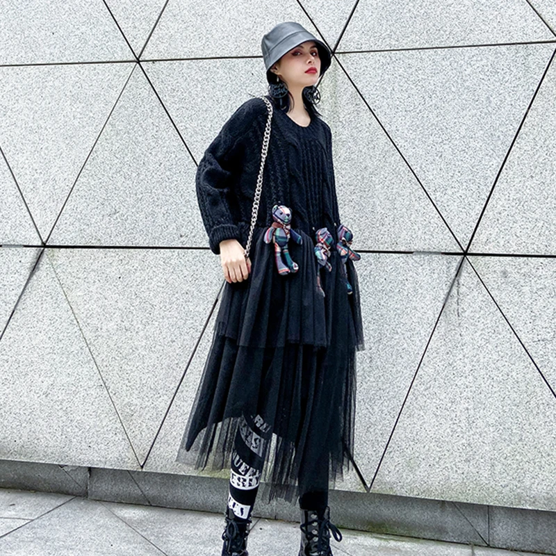 CHICEVER Patchwork Mesh Cartoon Knitted Sweater Women O Neck Long Sleeve Oversize Thick Pullovers Female Fashion Clothes