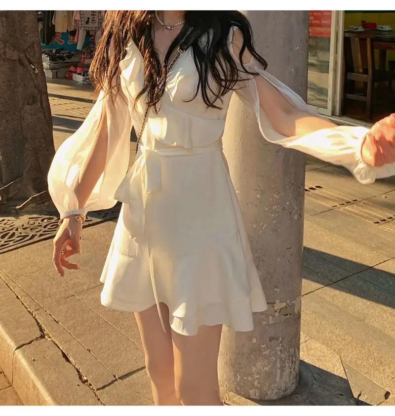 Dress Women Solid Color Sexy All-match Fairy V-neck Sweet Elegant Korean Style Empire Slim Female Sundress Holiday Club Popular blazer dress