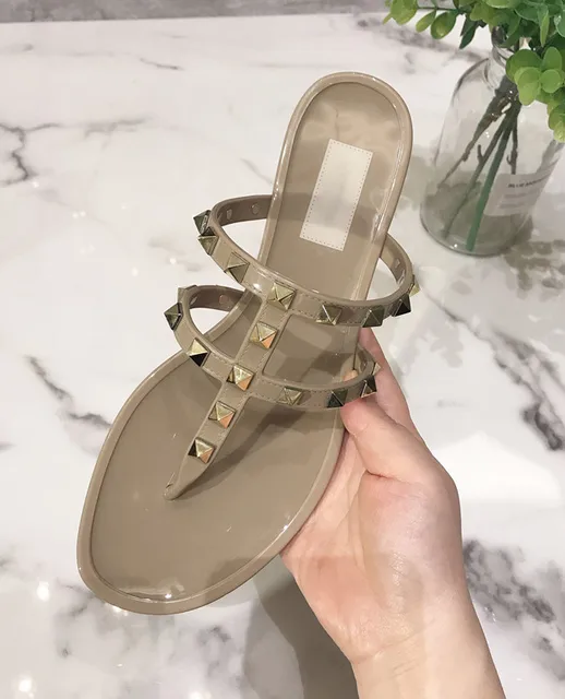 Summer Beach Sandals Woman Flip Flops PVC Slides Female Sandals Rivet Bowknot Slip on Flat with Women Studs Slippers Jelly Shoes khaki