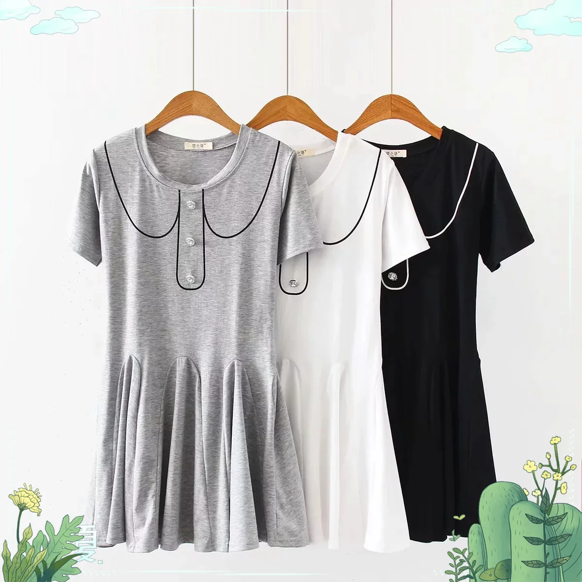 

Japanese-style 19 Summer New Style Versatile Sweet Artistic Loose-Fit Three Buckle Peter Pan Collar Printed Cotton Dress Women's