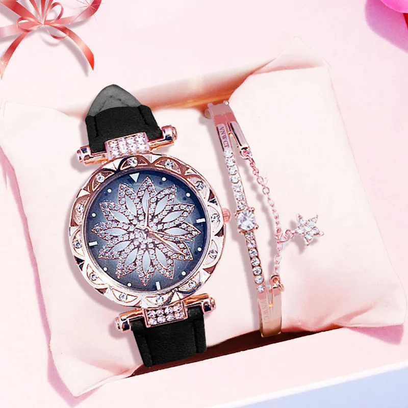 

Luxury Women Watches Bracelet set Starry Sky Ladies Bracelet Watch Casual Leather Quartz watch Wristwatch Clock Flower relogio