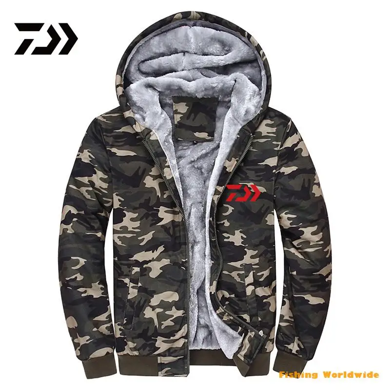 

Autumn Winter Men Velvet Thick Warm DAIWA Fishing Clothing Outdoor Sport Hooded Fishing Coat Man Camouflage Fishing Jackets