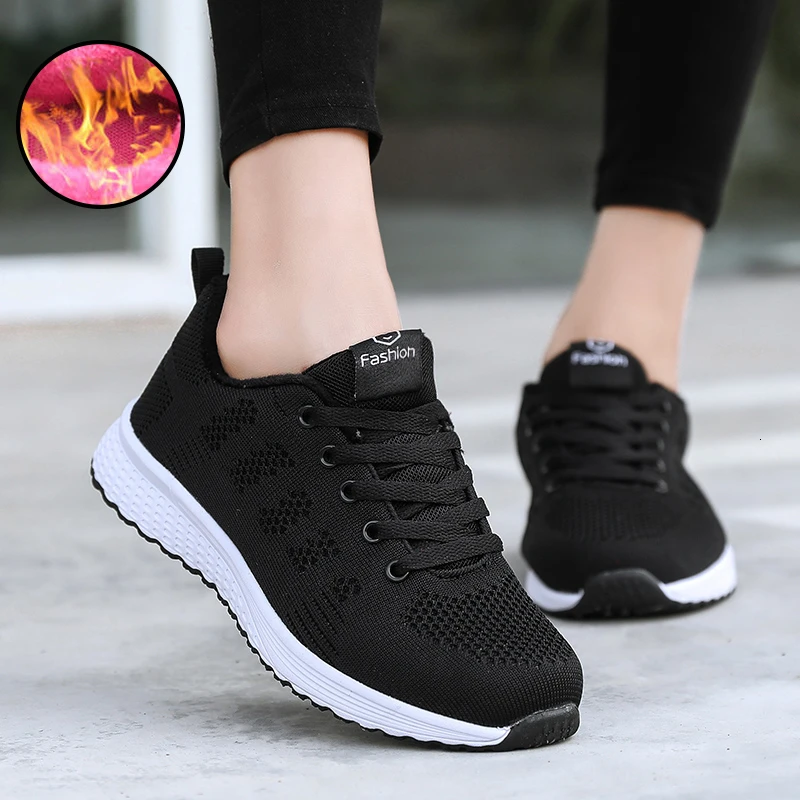 Zapatillas de correr de Invierno para mujer de talla grande 35 42, zapatillas  deportivas de piel para mujer con cordones antideslizantes para exteriores, zapatillas  deportivas negras para gimnasio para caminar|Zapatillas de correr| -