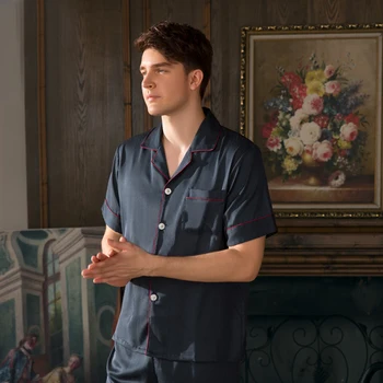 

Men Satin Sleepwear Set Short Sleeve Long Pants Solid color Silk Pajamas Male Casual Home Clothing Autumn Open Stitch Nightwear
