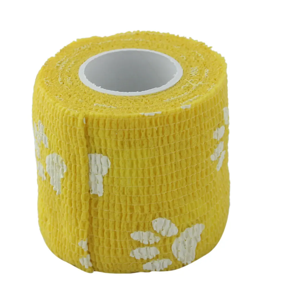 4 Rolls Cat Dog Pet Cohesive Bandage Gauze Tape Claw Print Yellow + Blue