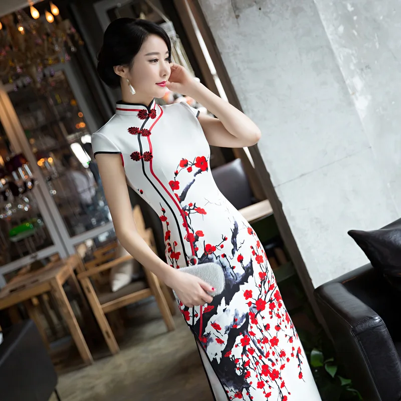 

4XL White Red Plum Long Qipao Dresses Women's Evening Banquet Cheongsam Dress Beautiful Long Qipao Chinese Clothing
