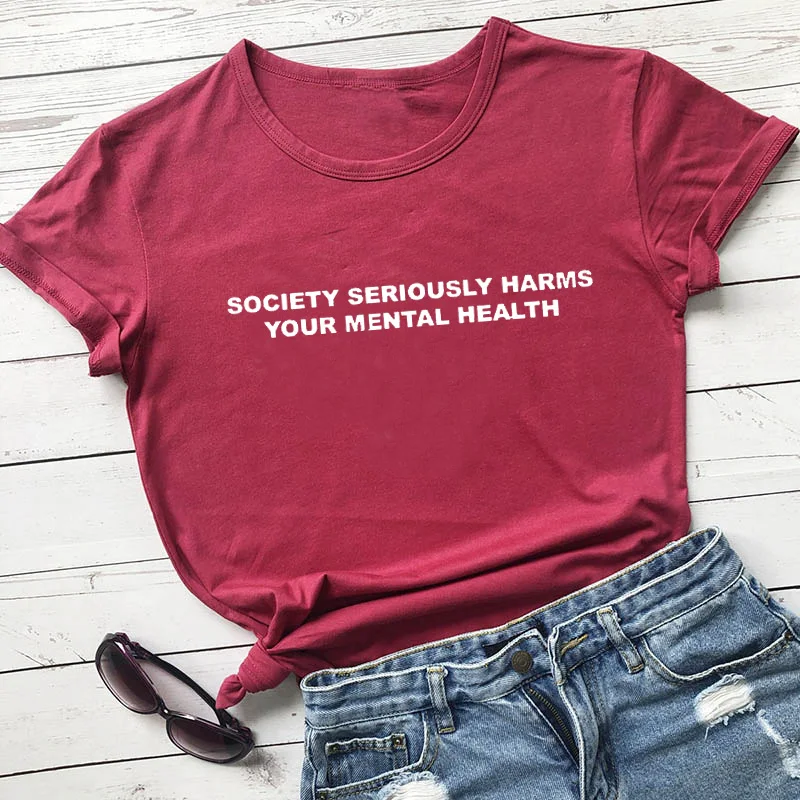 Футболка с надписью «society alloy Harm Your minality Health», Хлопковая женская футболка с коротким рукавом в стиле Харадзюку, хипстер, гранж, дропшиппинг - Цвет: Бургундия