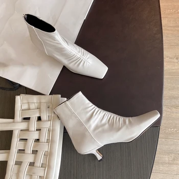 

Genuine Leather High Heels ladies boots Classic Design square Toe Handmade Shoes For Women Wedding dress Shoes Woman