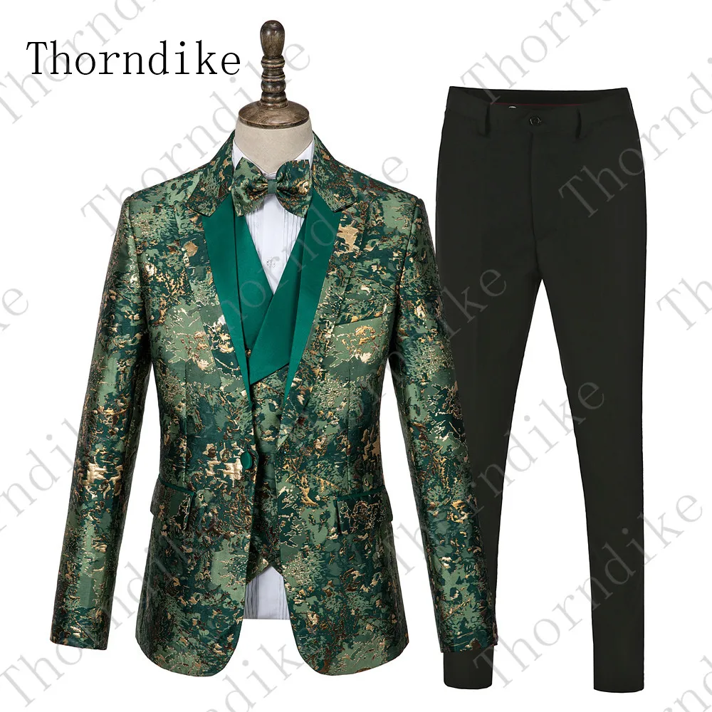 

Thorndike Camouflage Male Suit With Pants Wedding Prom Suits for Men Burgundy Floral Jacquard Slim Fit Suit( Jacket + Vest+Pant)