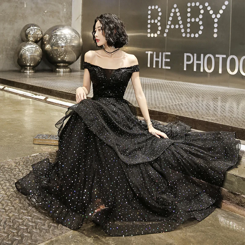 It's Yiiya Evening Dress Boat Neck Sequins Black Evening Dresses Off Shoulder Elegant Formal Gowns Long robe de soiree LF125
