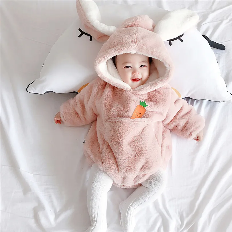 Newborn Baby Romper Faux Fur Baby Winter Clothes Baby Clothes Hooded Girl Romper Thick Boy Romper Rabbit Toddler Jumpsuit